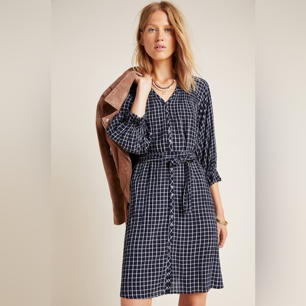 Maeve for Anthropologie Sara Women's Black and White Checkered Tie Waist Dress